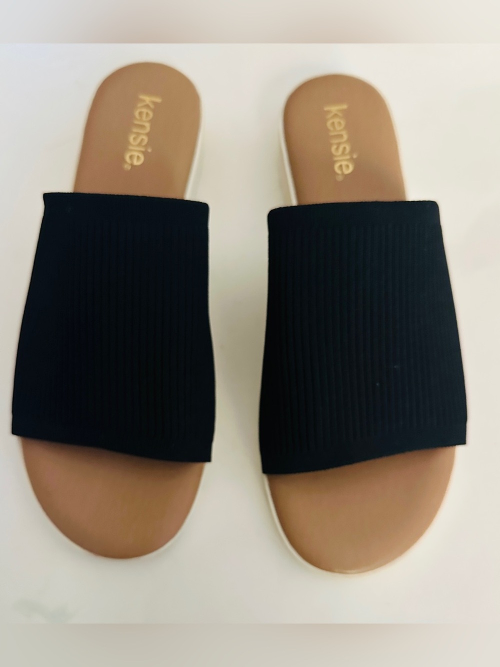 Kensie Ellie Women's Ribbed Slip On Wide Band Wedge Sandals Black Size 10